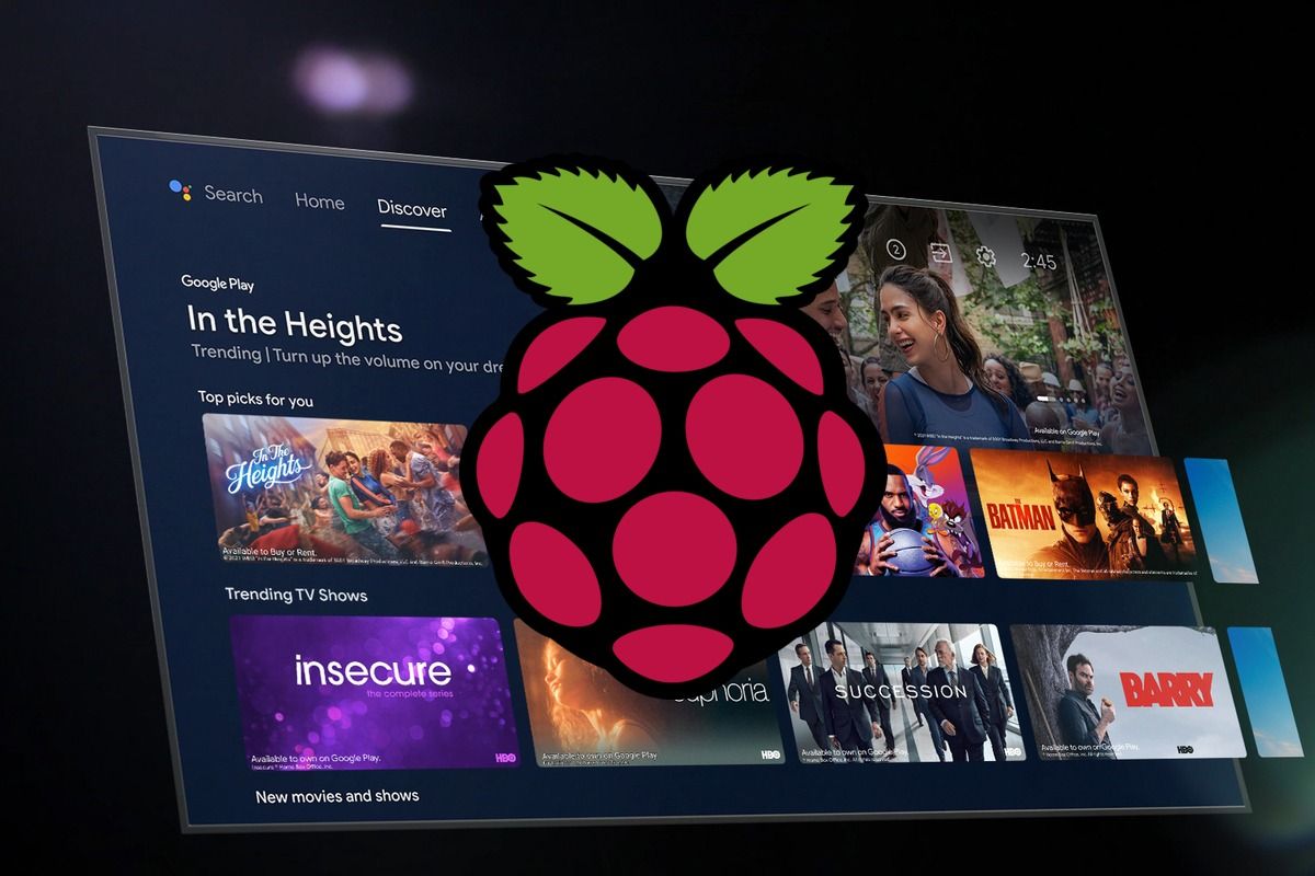 Interfaz de usuario de Android TV con logotipo de Raspberry Pi en la parte superior