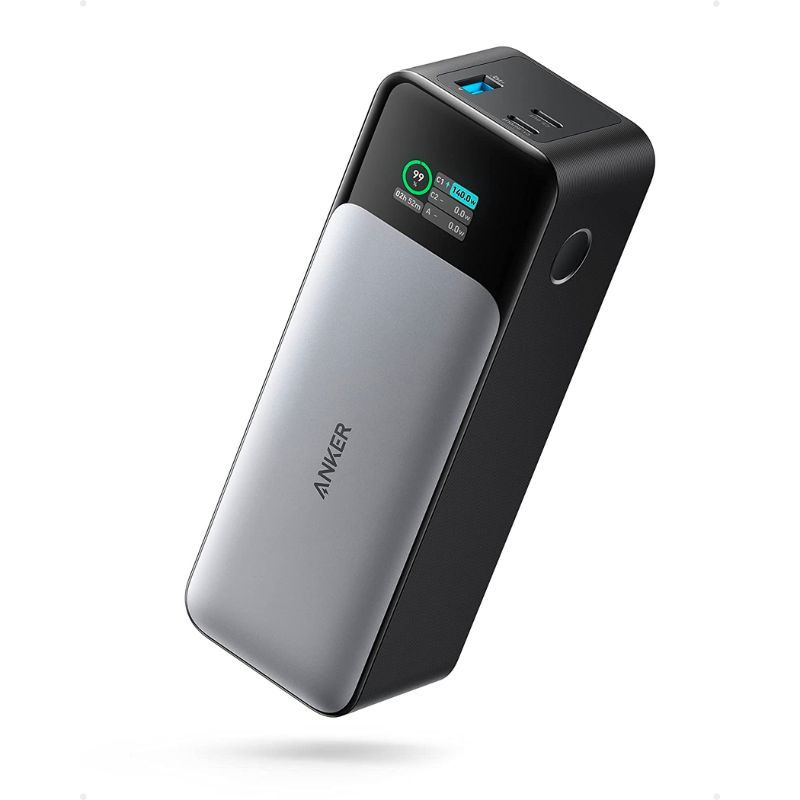 An image showing the Anker 737 portable charger with a black and silver finish and a display on the side.