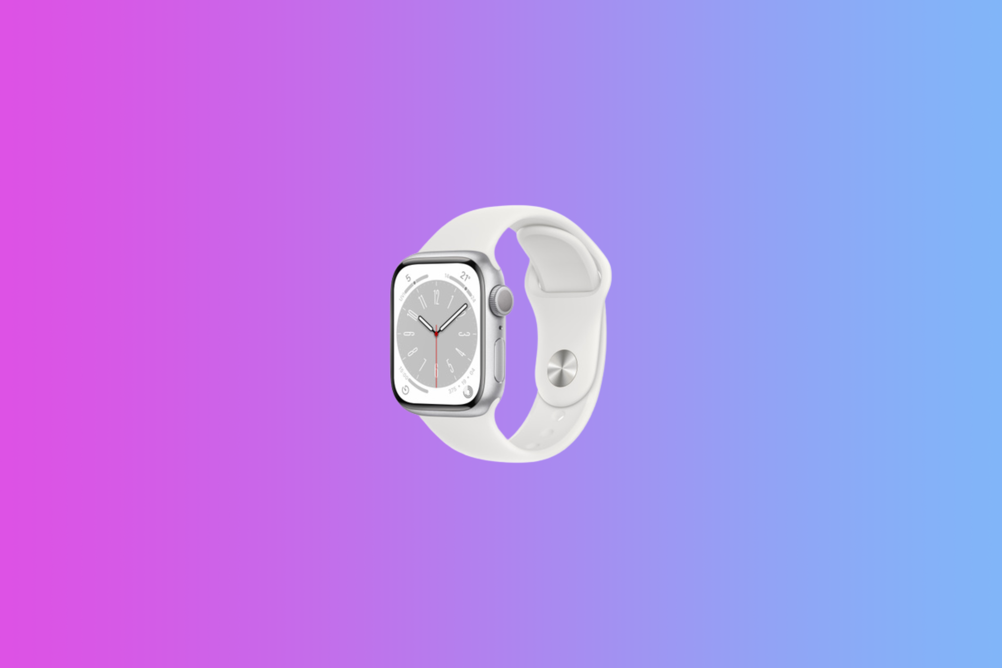 Apple Watch Series 8 with a siilver case and band displayed on a gradient background