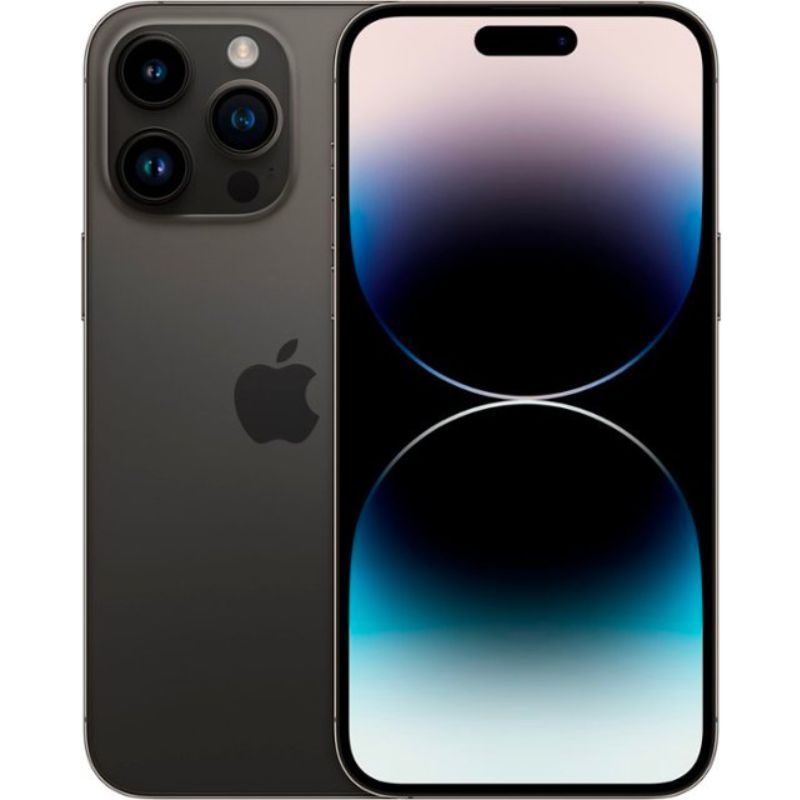 An image showing the front and back side of the an Apple iPhone 14 Pro Max in Space Black color.