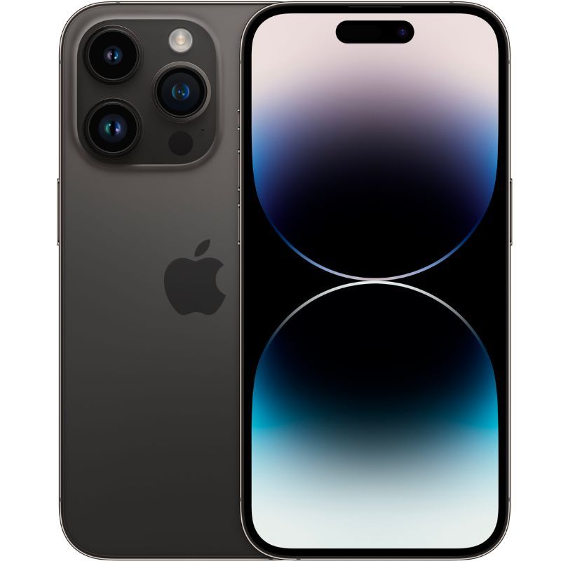 An image showing the front and back of the Apple iPhone 14 Pro in space black color.