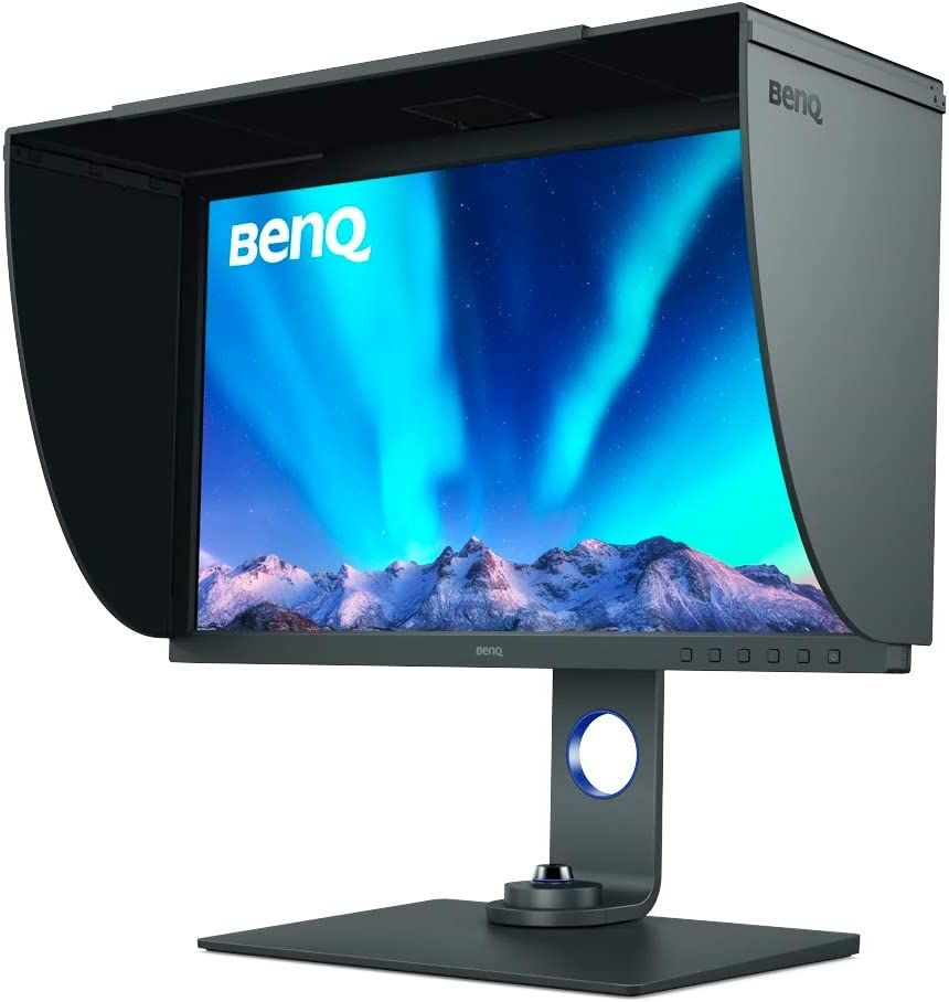 Angled view of the BenQ PhotoVue SW271C monitor with the shading hood mounted