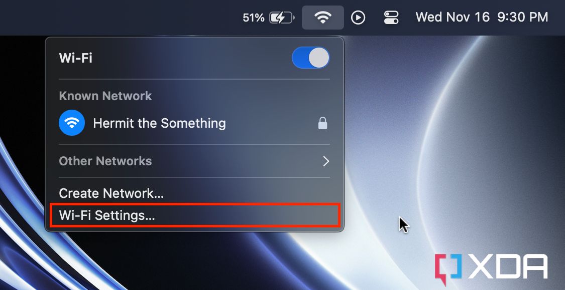 wifi settings section in macOS menu bar