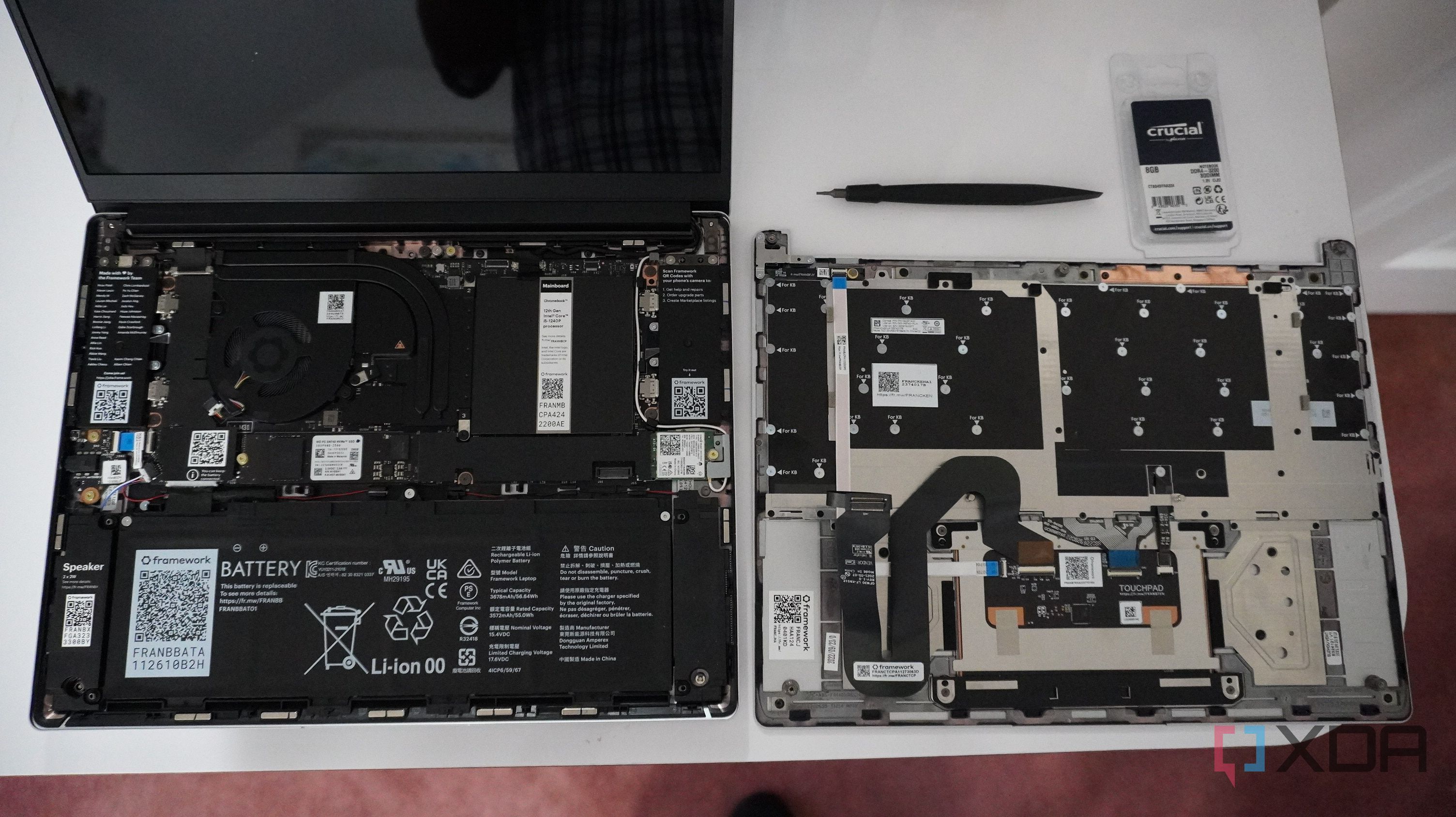 The Framework Chromebook, fully opened up.