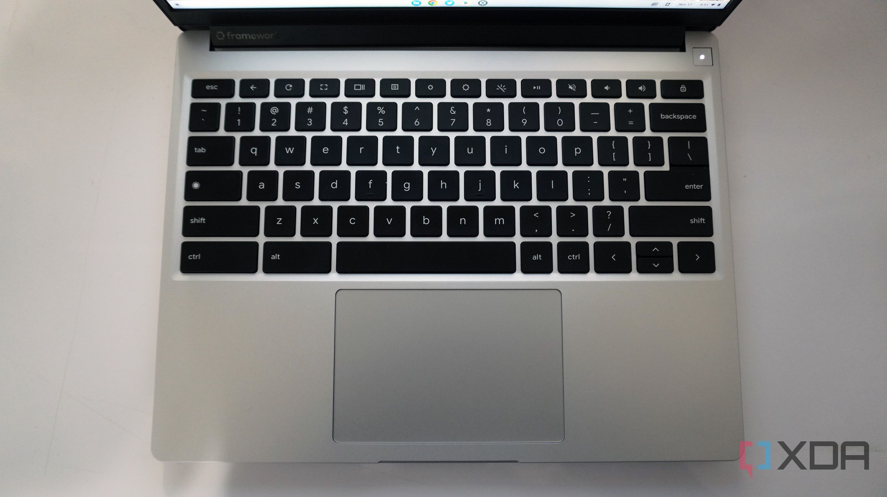 The keyboard on the Framework Chromebook, along with trackpad.