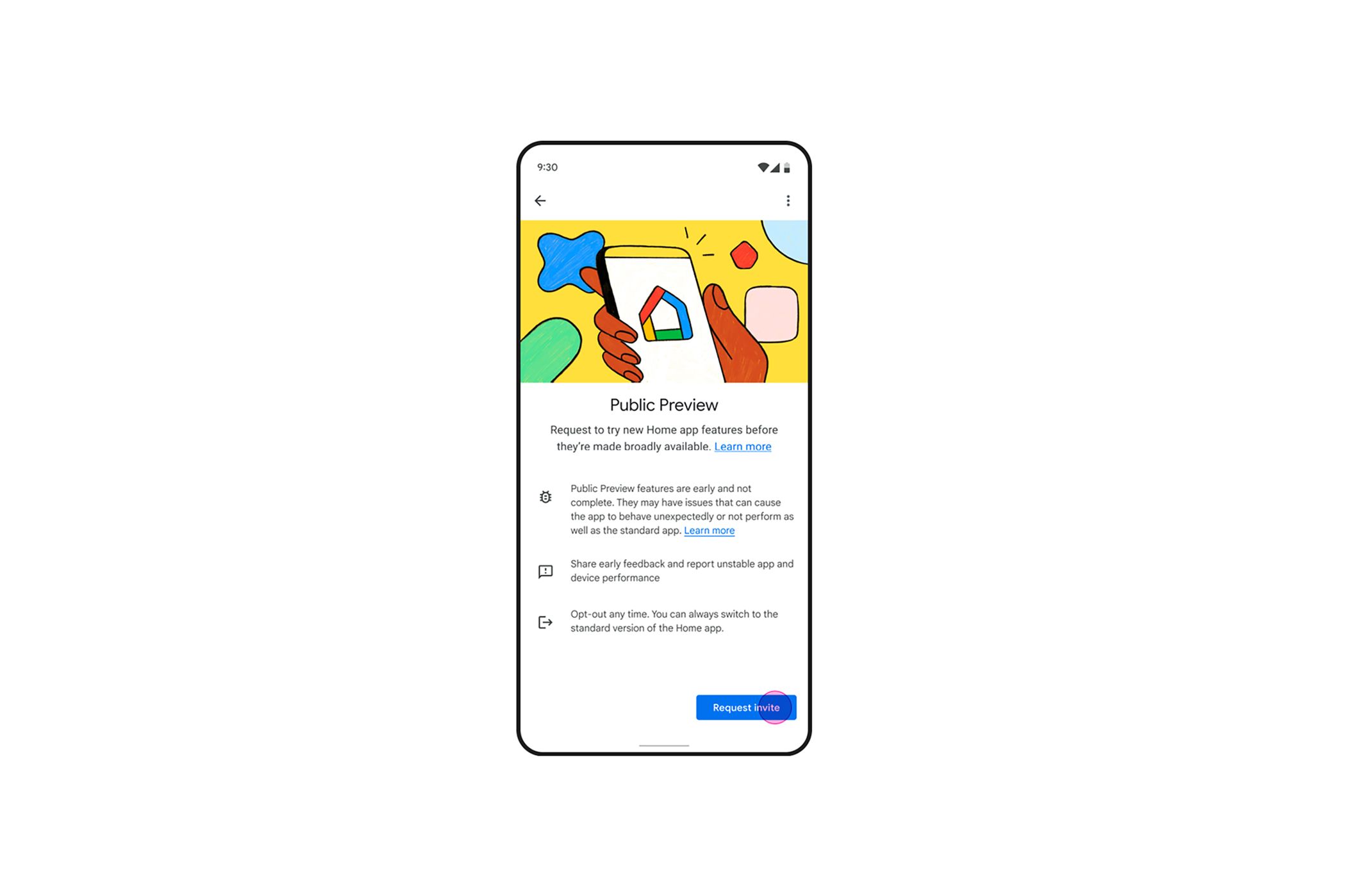 Google Home app Public Preview request invite screenshot on white background.