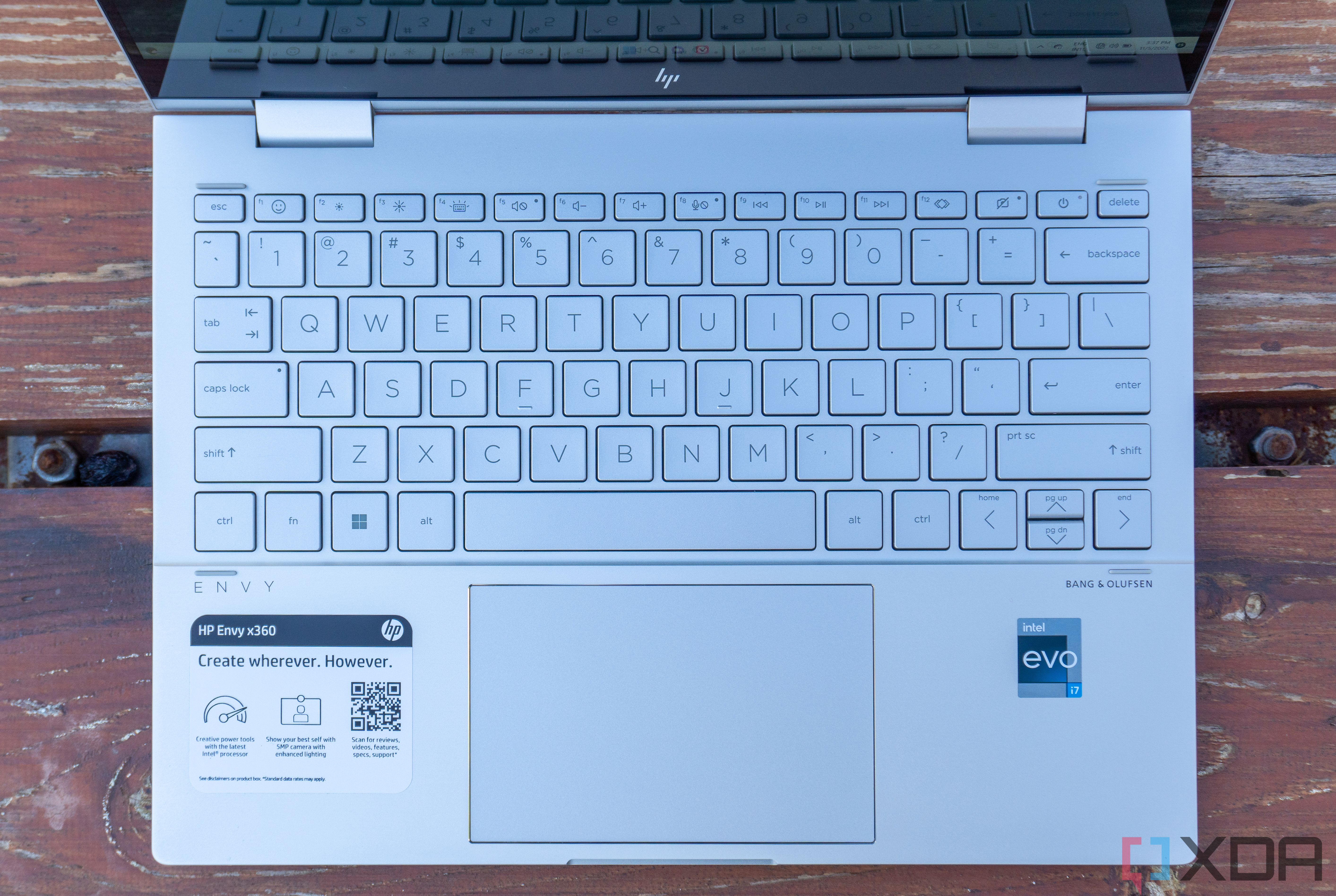 Top-down view of the keyboard and touchpad on the HP Envy x360 13