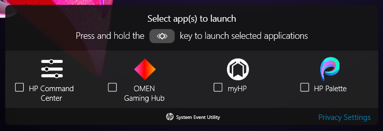 Screenshot of the shortcut key options window, allowing users to choose one of four HP apps to be launched when pressing the key on the keyboard