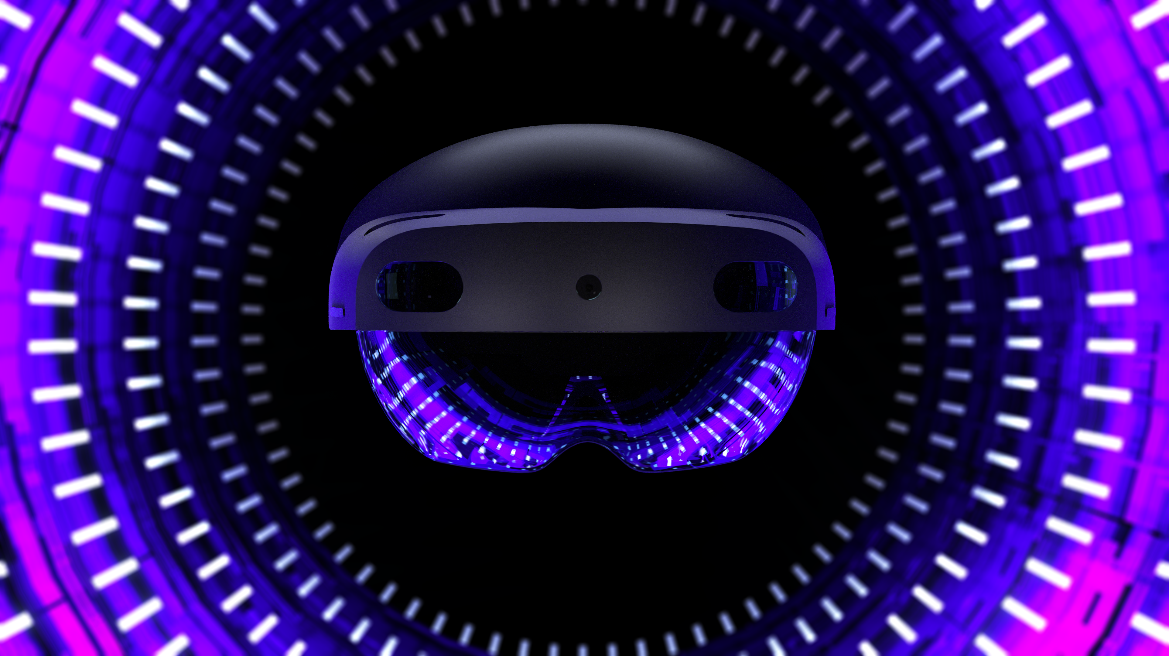 A front view of a HoloLends headset on black background, surrounded by rings that gradually transition to purple. Each ring also contains white lights that are reflected on the headset.