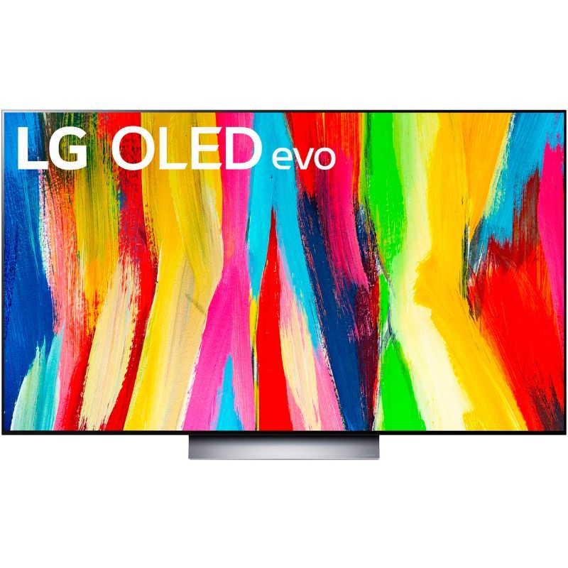 Una representación del televisor LG OLED evo 4K serie C2 de 55 pulgadas sobre un fondo de color blanco con texto.