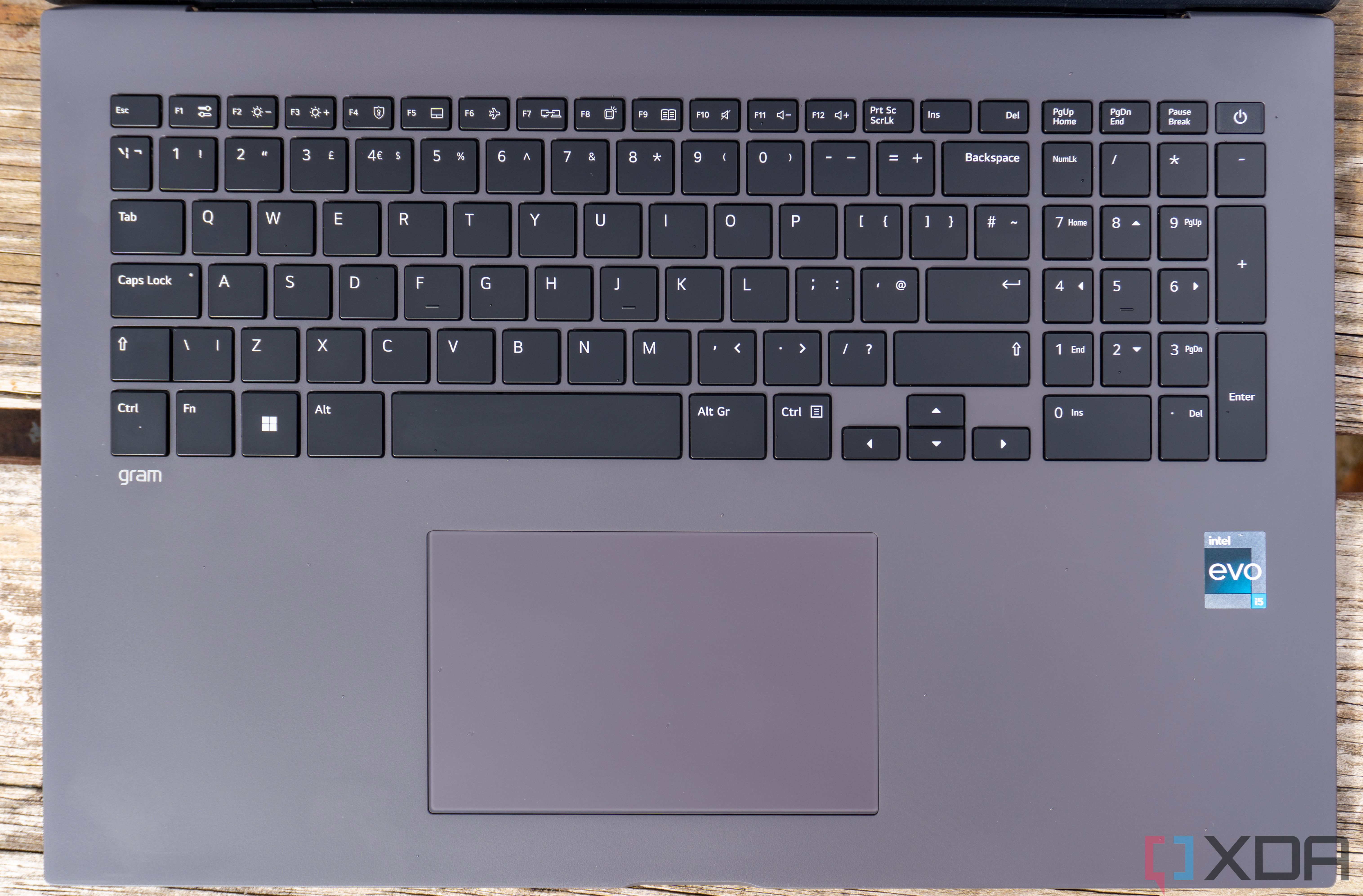 Overhead view of the keyboard and touchpad of the LG gram 17