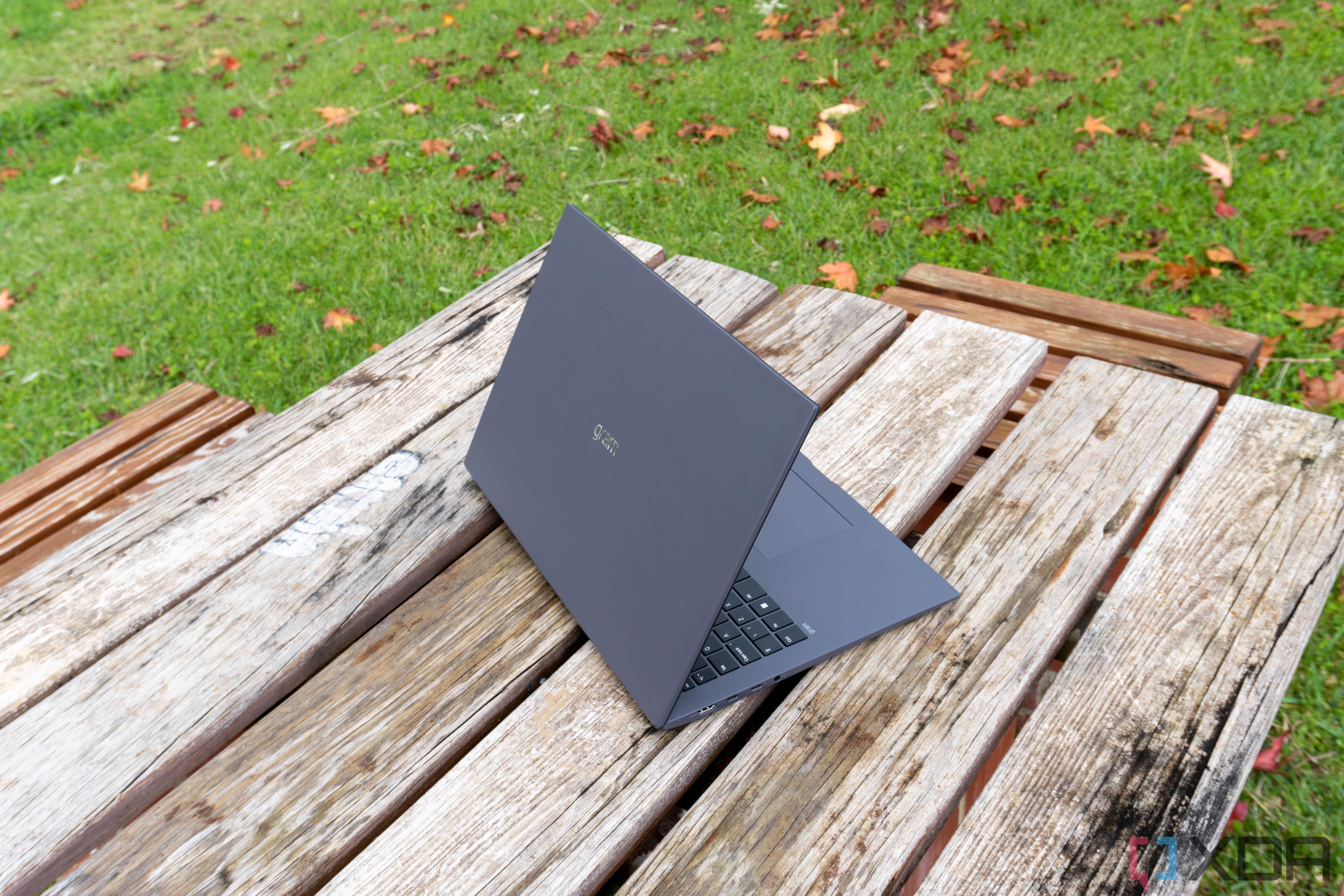 Angled rear view of the LG gram 17 on a wooden table