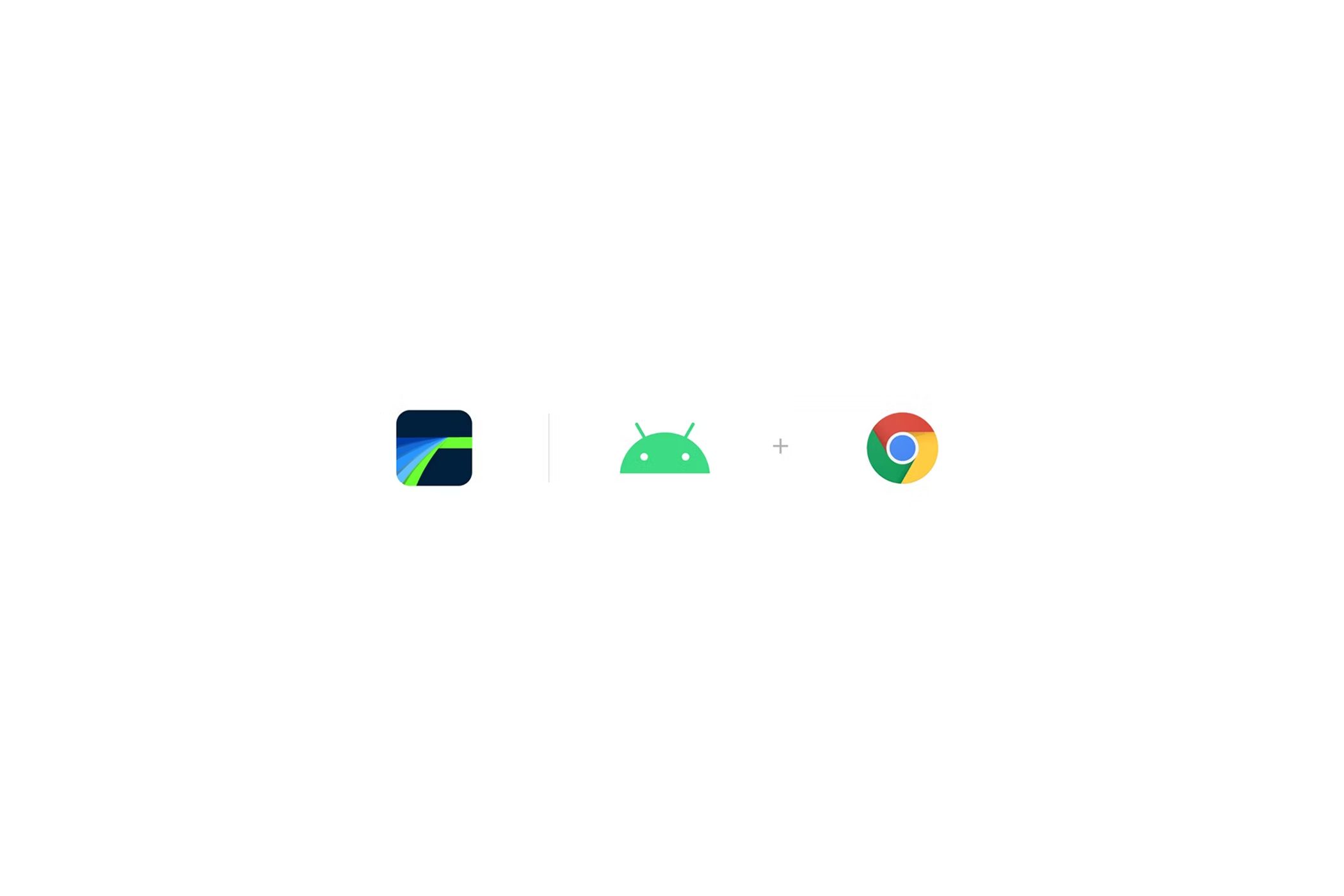 Ícono de LumaFusion junto al logotipo de Bugdroid y Chrome sobre fondo blanco.