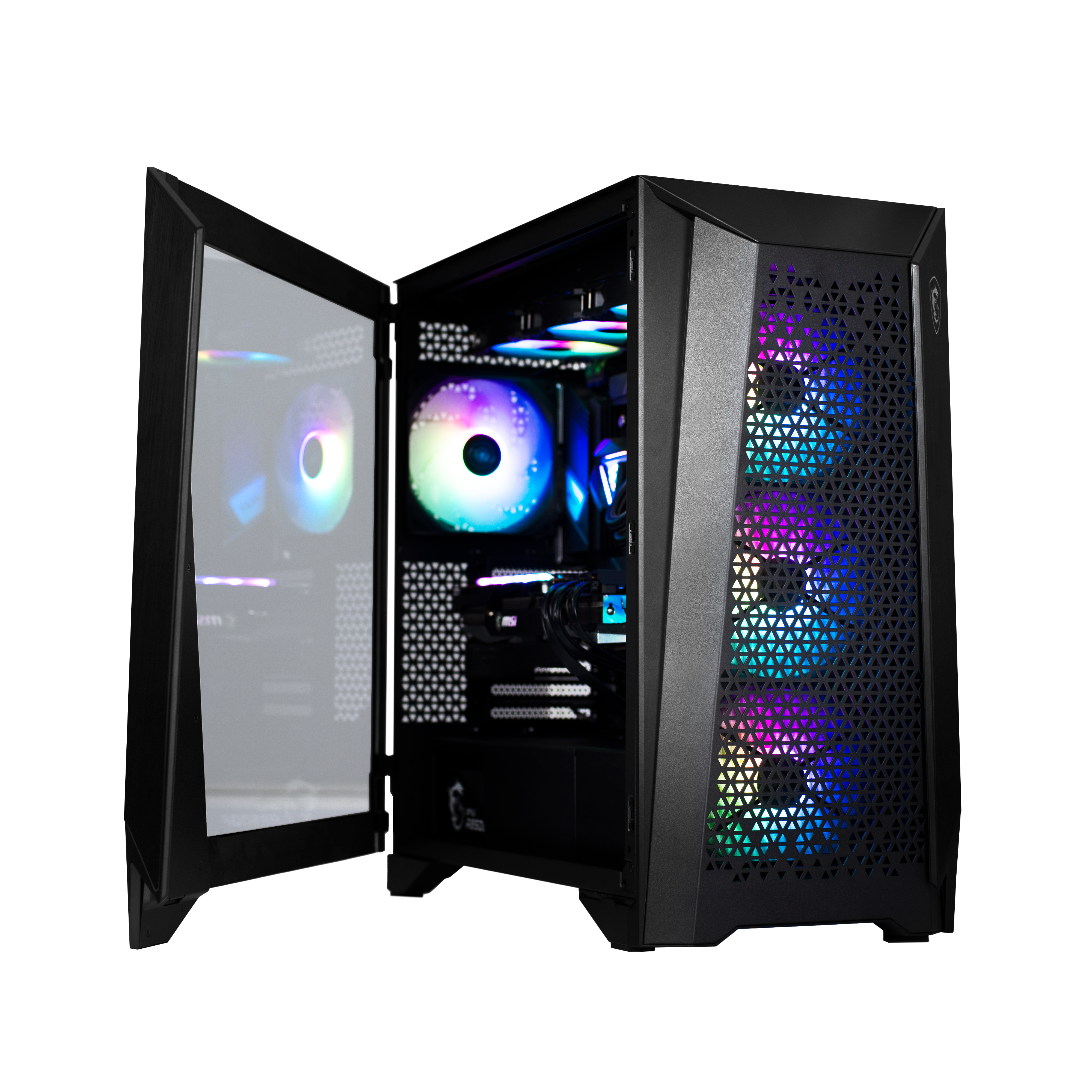 Angled view of the MSI Infinite RS with the side panel open