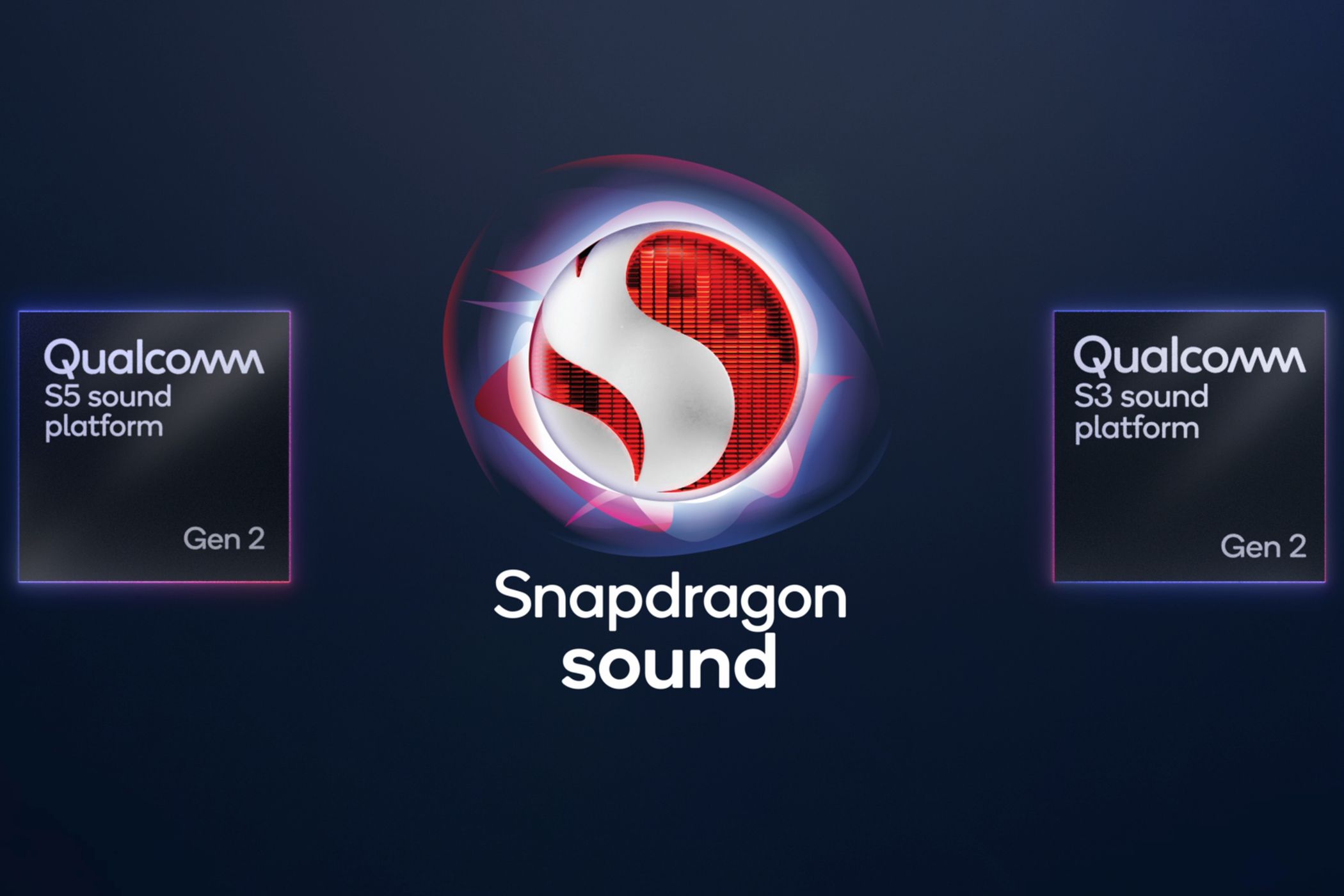 Qualcomm Snapdragon Sound logo surrounded by Snapdragon S5 Gen 2 and Snapdragon S3 Gen 2 badges.