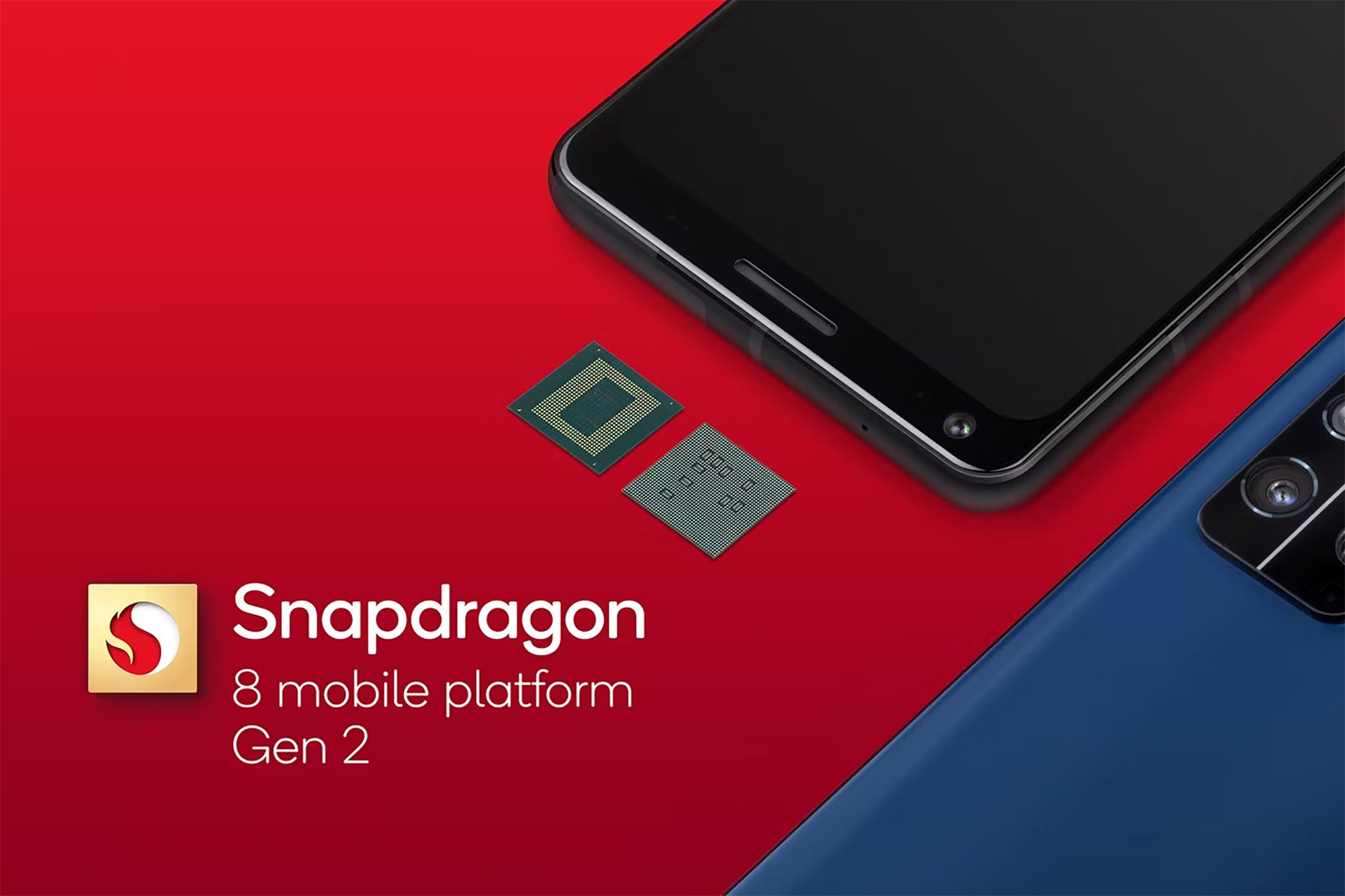 Qualcomm Snapdragon 8 Gen 2 logo next to chip and reference devices on red background.