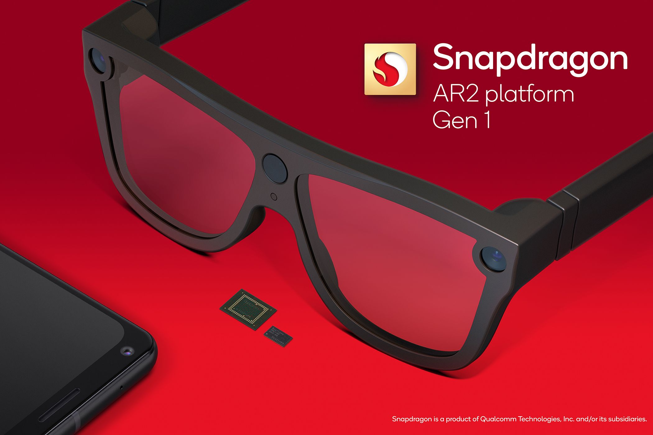 Qualcomm Snapdragon AR2 Gen 1 announcement poster with smart glassses and smartphone on red background.