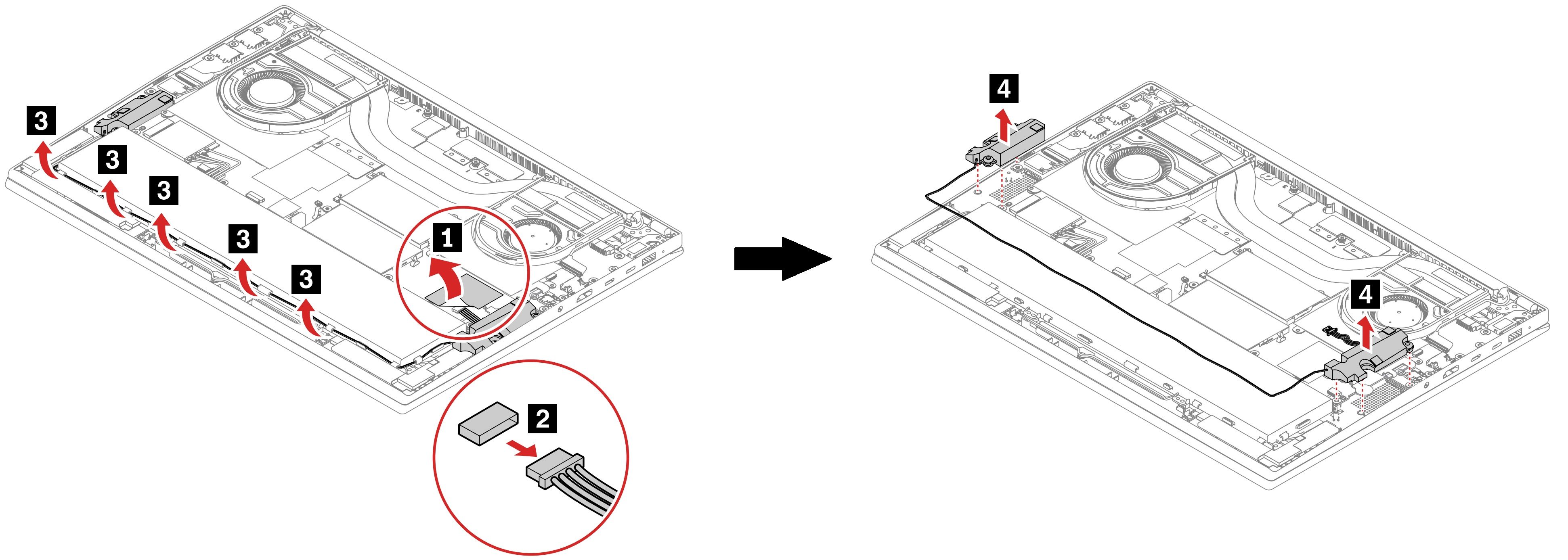 Abbildung zeigt, wie die Lautsprecherbaugruppe des Lenovo ThinkPad X1 Extreme Gen 5 entfernt wird