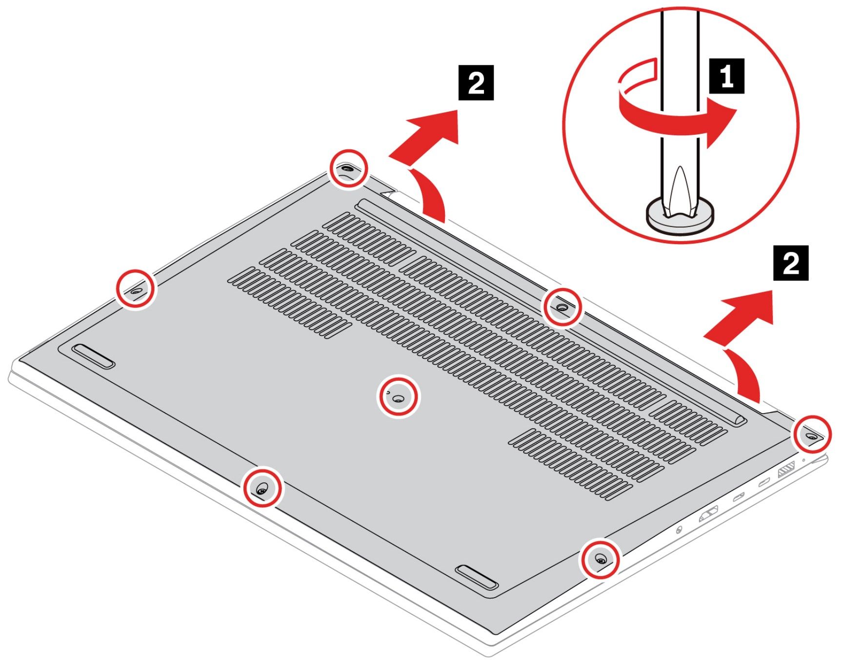 Abbildung zeigt, wie die Schrauben und die Bodenabdeckung des Lenovo ThinkPad X1 Extreme entfernt werden
