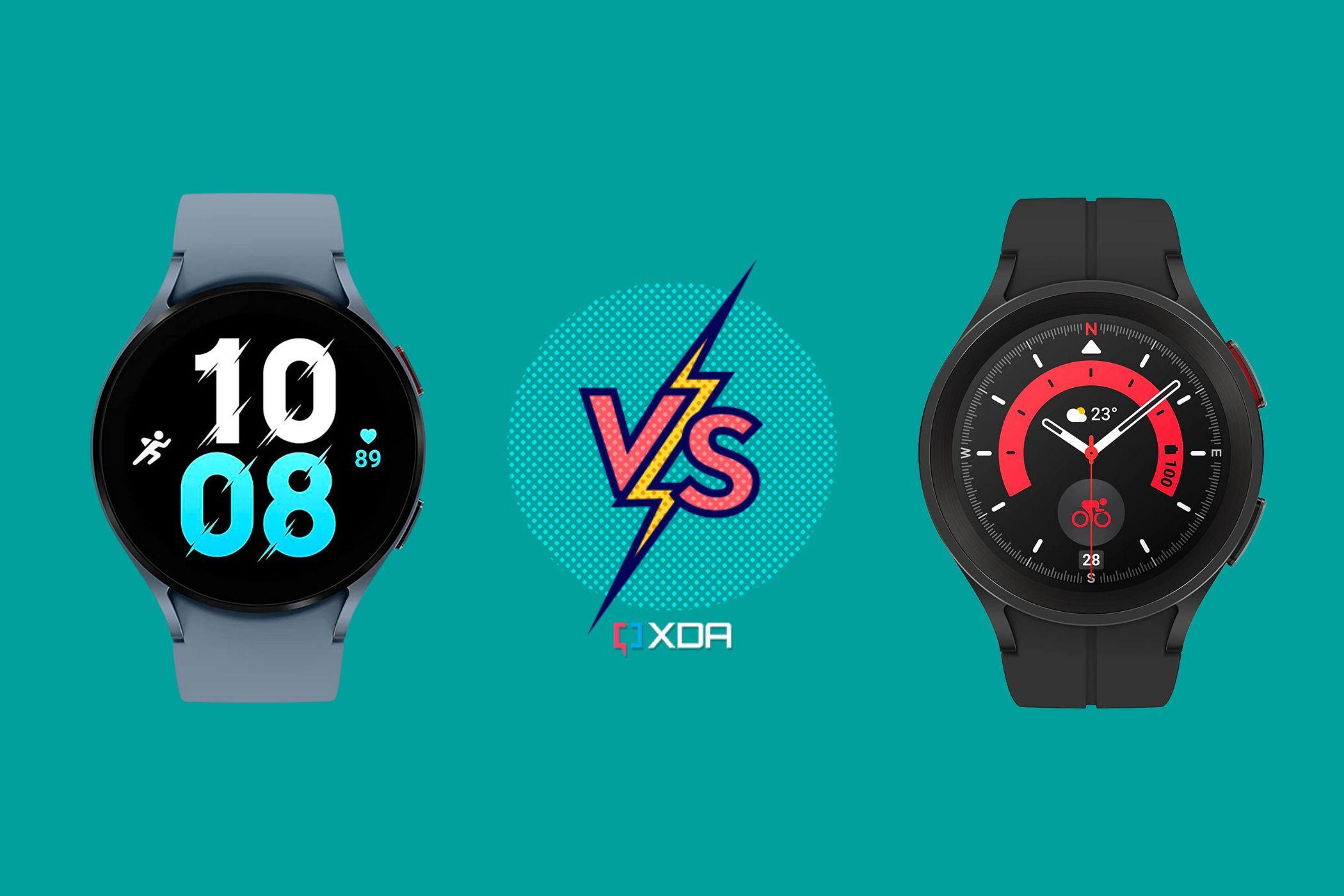 An image showing the Samsung Galaxy Watch 5 and Galaxy Watch 5 Pro side-by-side with the XDA logo and 'vs' text in the middle over a green-colored background.