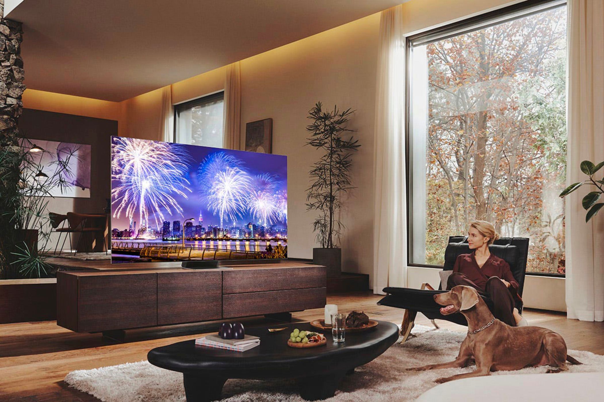 An image showing the Samsung Neo QLED 8K in a living room over a wooden cabinet with person sitting in front of it on a couch with a dog.