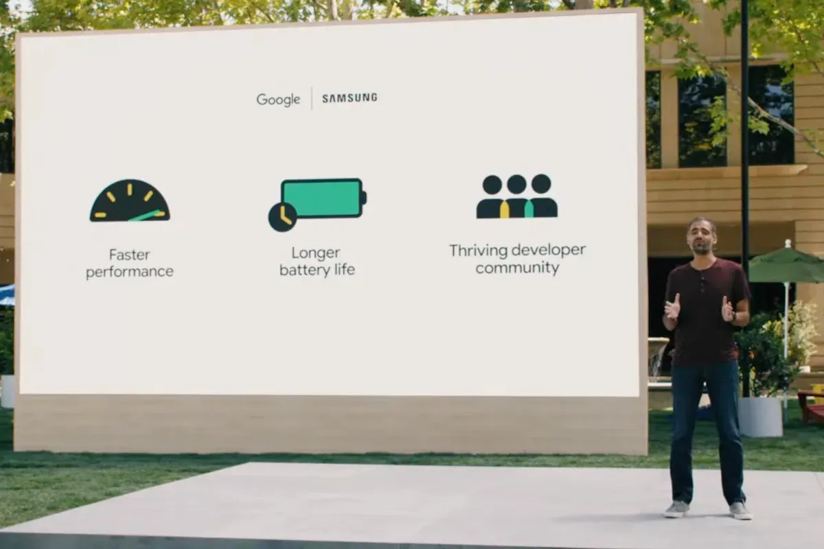 A screenshot of a Google employee announcing the partnership between Google and Samsung during IO 2021