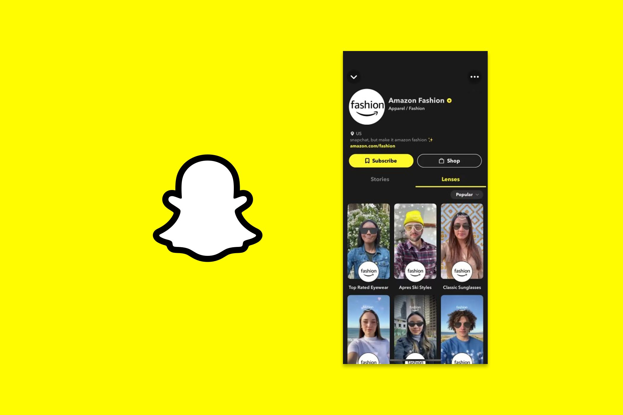 Screenshot of Amazon Fashion Lenses in Snapchat next to app logo on yellow background.