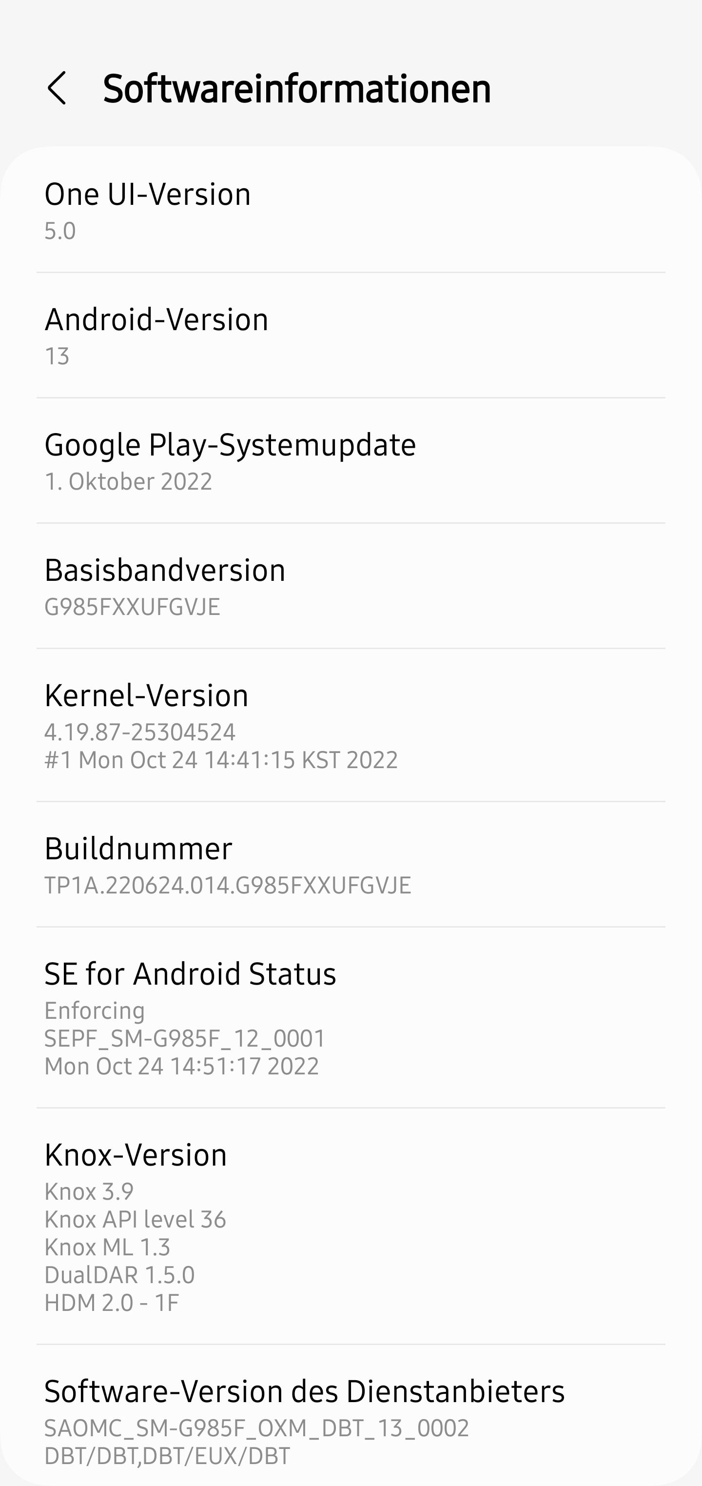 Screenshot of software info screen on Galaxy S20 series device showing One UI 5 update.