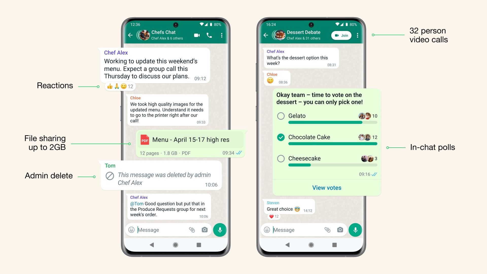 Screenshots highlighting recently released WhatsApp features on cream background.