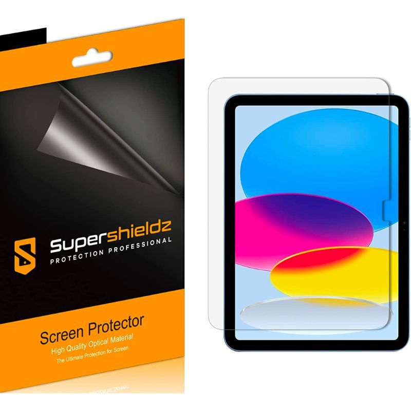 An image showing the SuperShieldz screen protector alongside its retail packaging over a white-colored background.