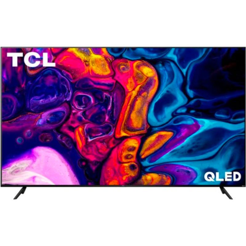 Una representación que muestra el televisor QLED 4K de la serie TCL 5 mostrando una imagen abstracta colorida sobre un fondo de color blanco.