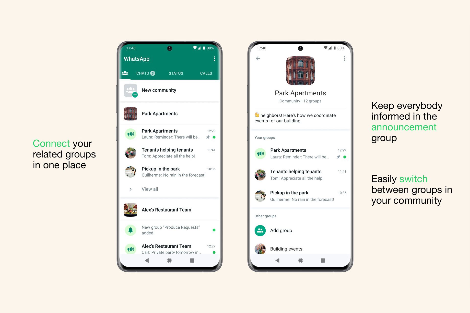 WhatsApp Communities screenshots with text on cream background.
