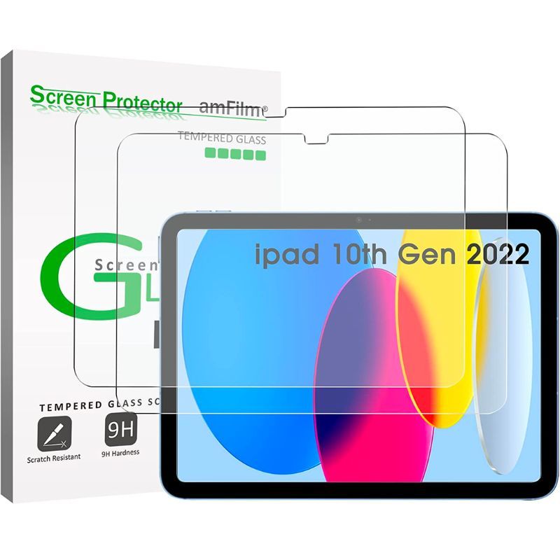 An image showing amFilm glass screen protector for iPad 10 with its retail packaging.