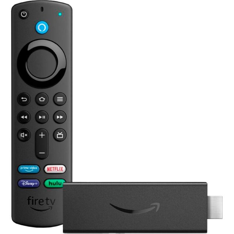Dongle Amazon Fire TV Stick ditampilkan di sebelah remote control dengan latar belakang putih.