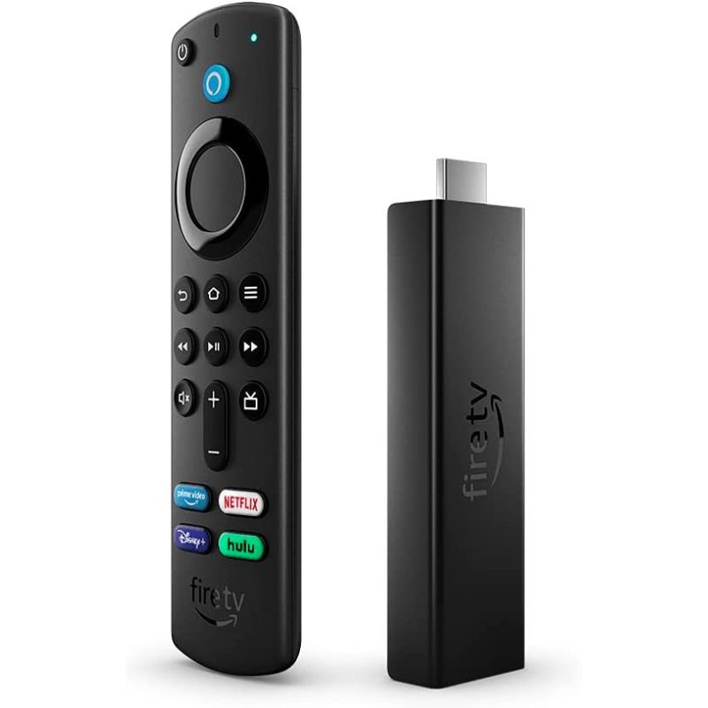 Una representación del dongle Amazon Fire TV Stick 4K Max junto a su control remoto sobre un fondo de color blanco.