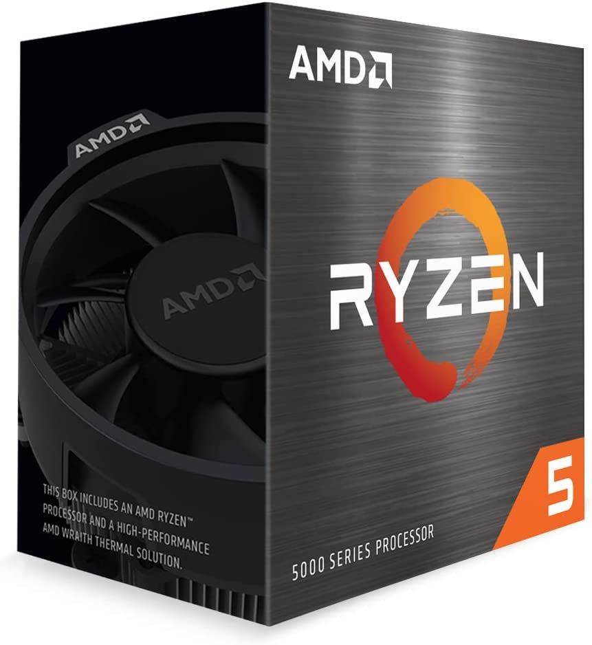 Angled view of the package for the AMD Ryzen 5 5600 CPU