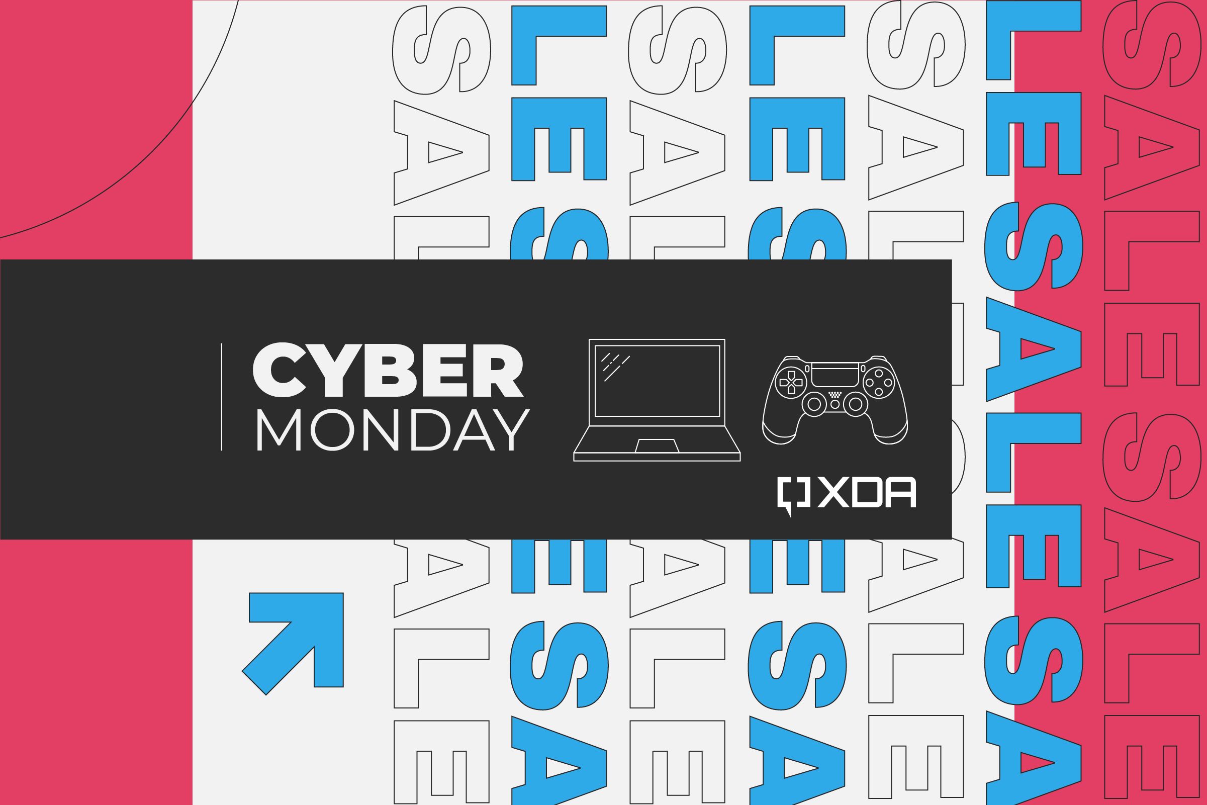 A dark grey banner with white text reading Cyber Monday next to images of a computer and a controller. The banner is placed over a white, pink, and purple background with the word 