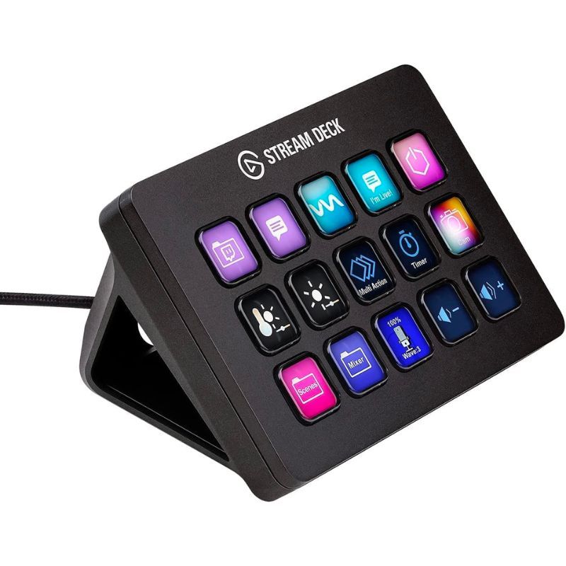 Una representación del Elgato Stream Deck MK.2 con 15 botones macro sobre un fondo de color blanco.