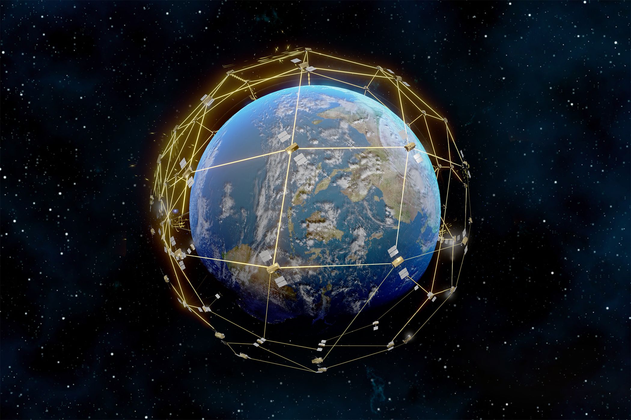 Illustration depicting satellite network around Earth via Iridum Communications.