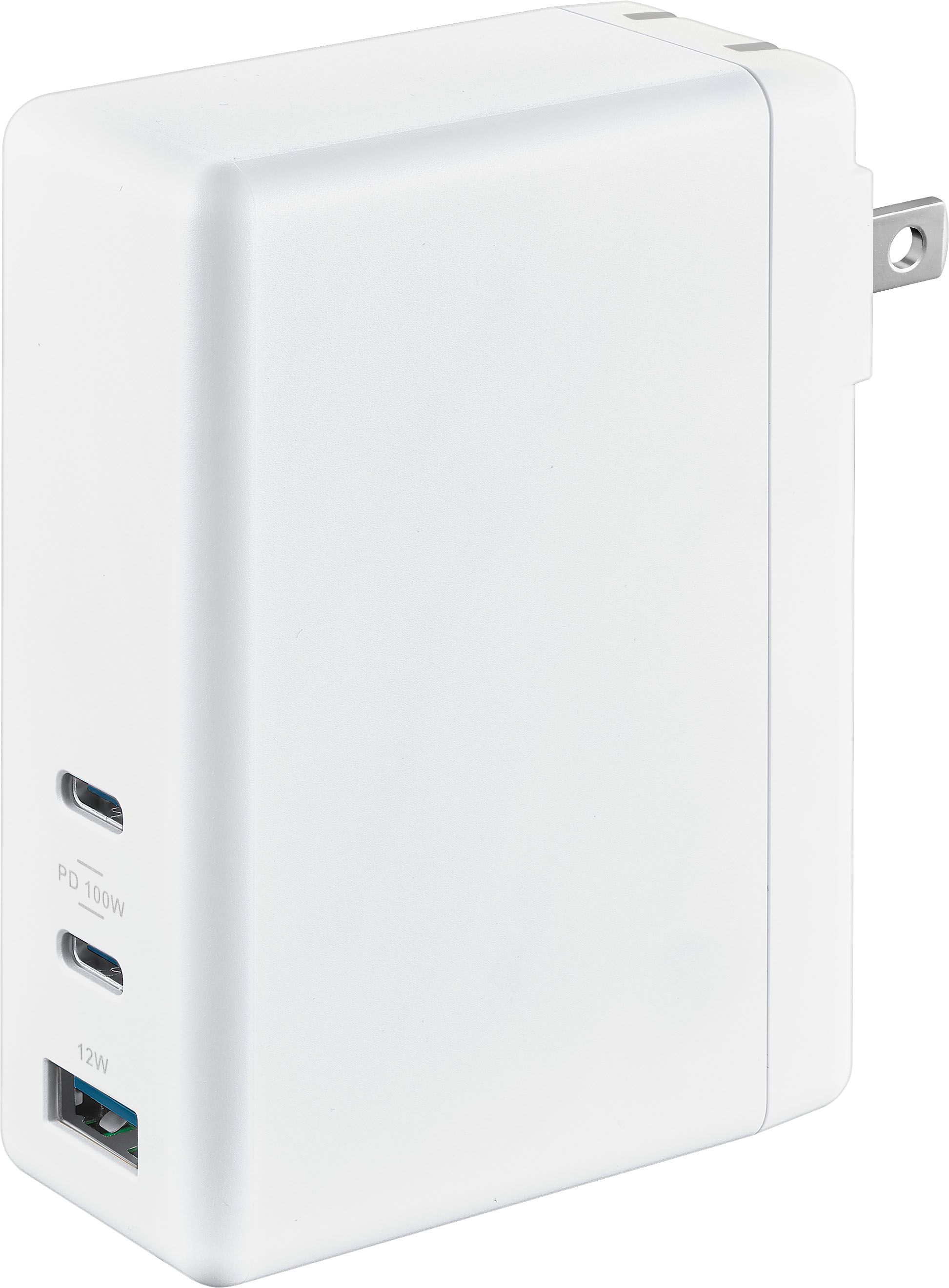 Anled view of the Insignia 112W Wall Charger showing two USB Type-C ports and one USB Type-A port