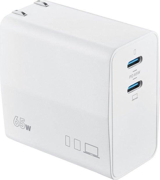 Insignia 65W Dual Port Wall Charger on a White Background.
