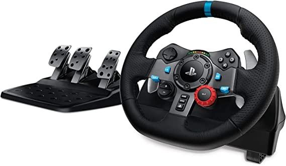 Logitech G29 racing wheel with pedals on a white background.