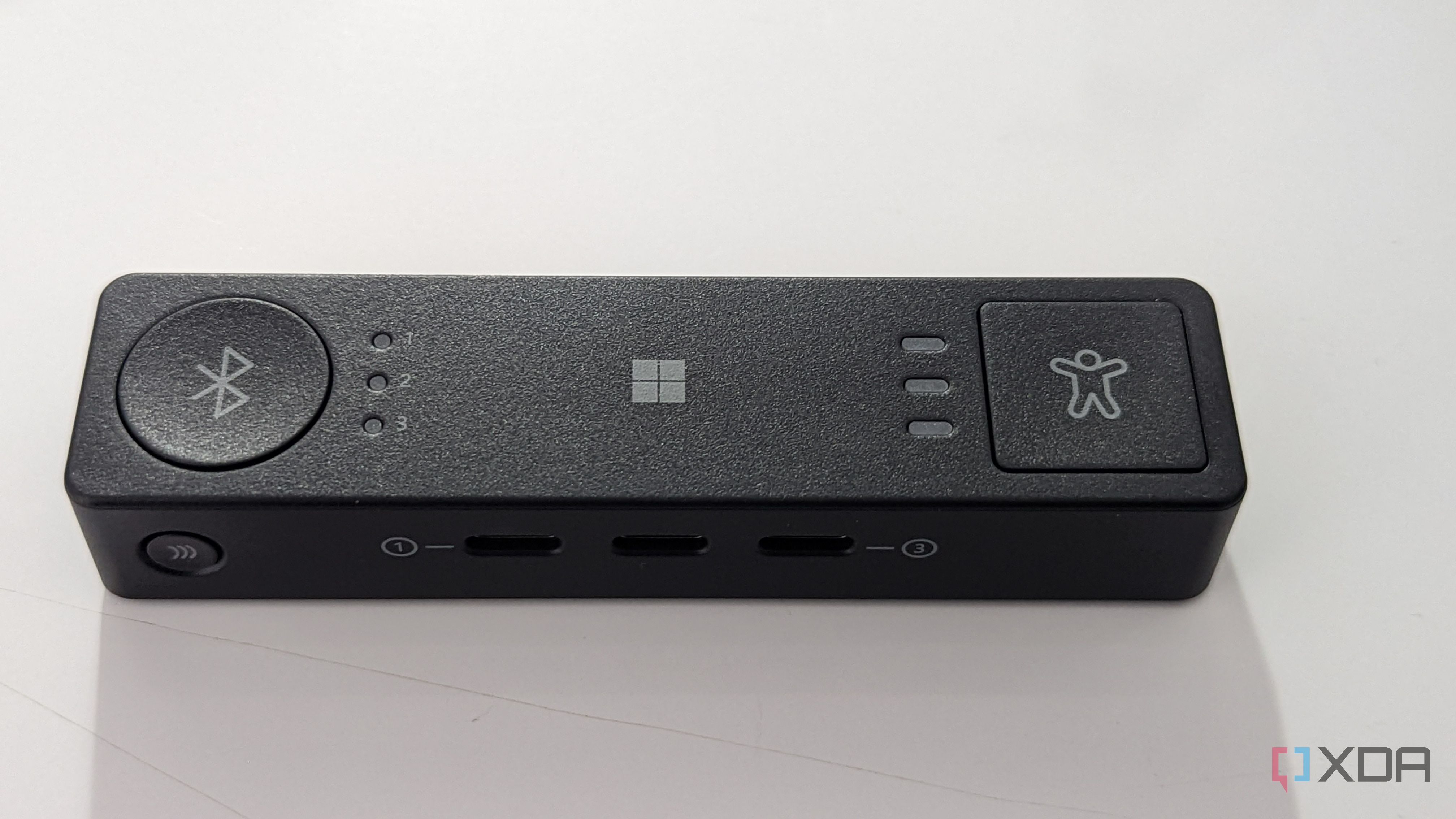 The front of the Microsoft Adaptive Hub showing the buttons and ports.