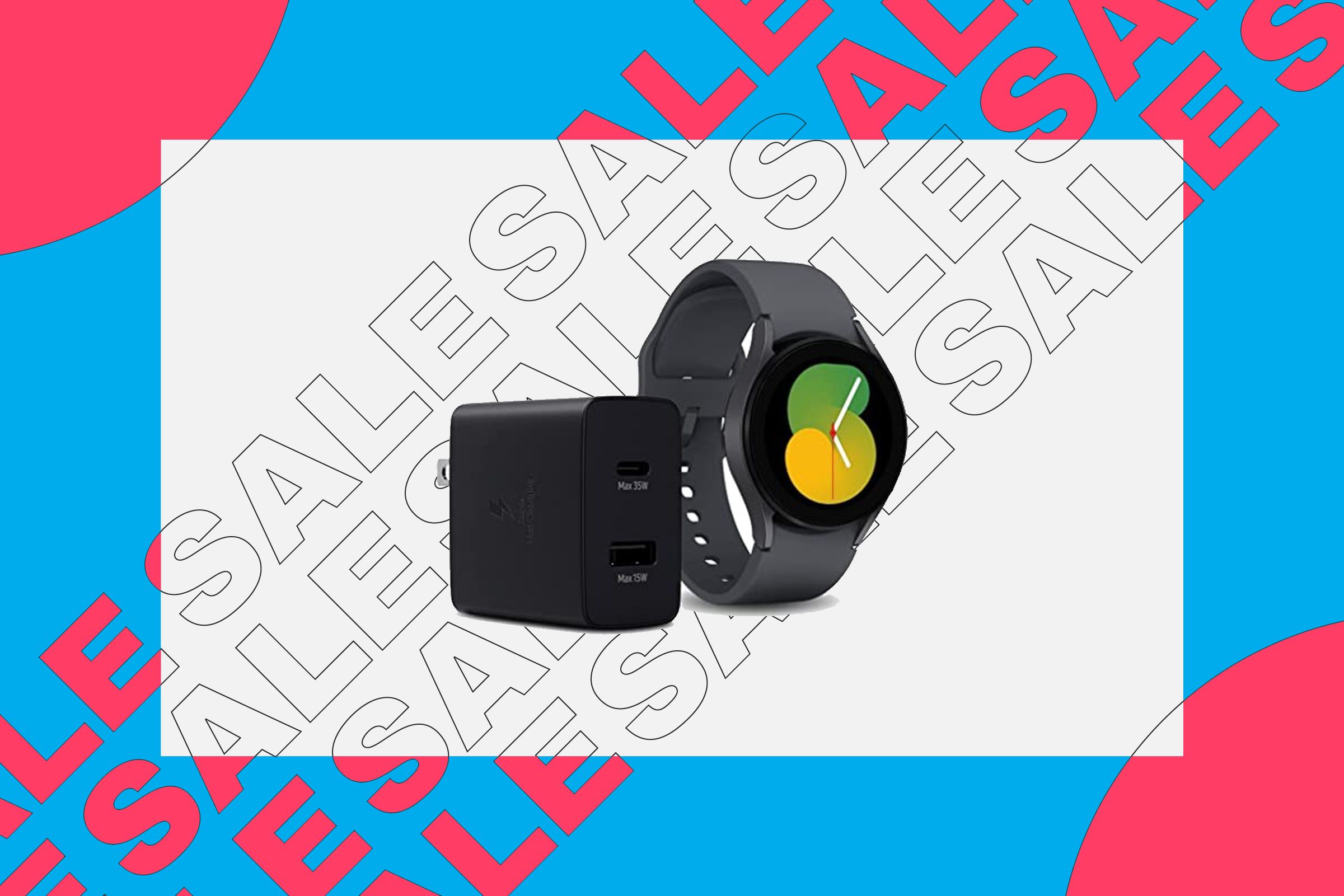 Samsung Galaxy Watch 5 and 35W Duo Wall Charger with sale illustration in the background.