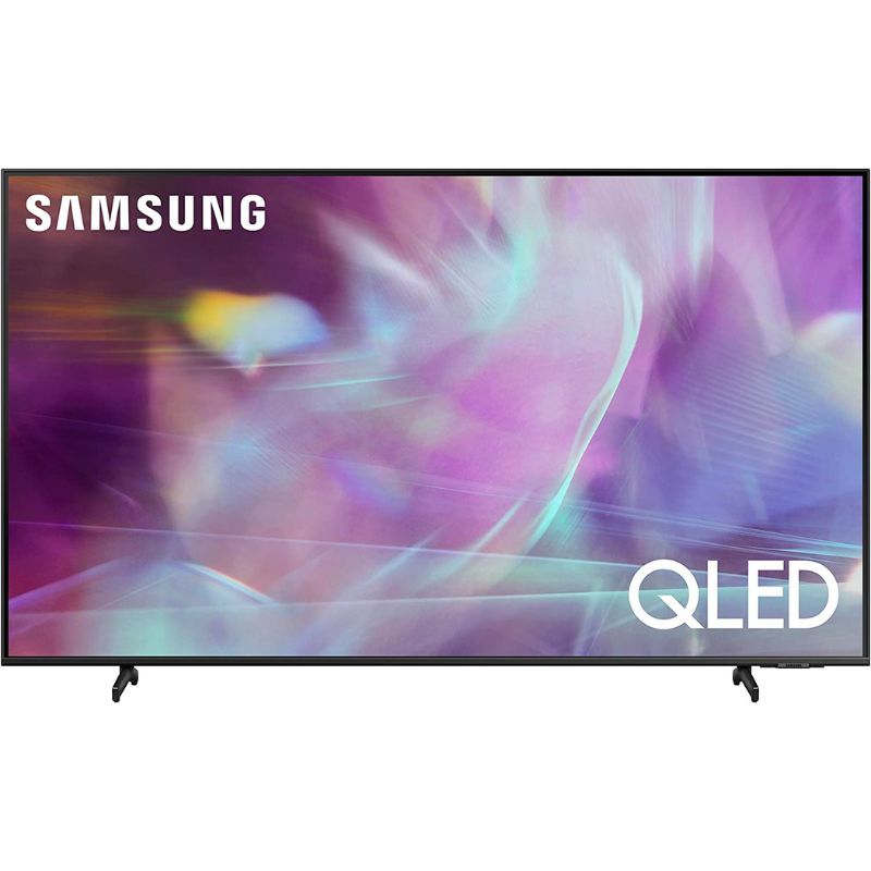 Una representación del televisor LED Samsung Q60A sobre un fondo de color blanco.