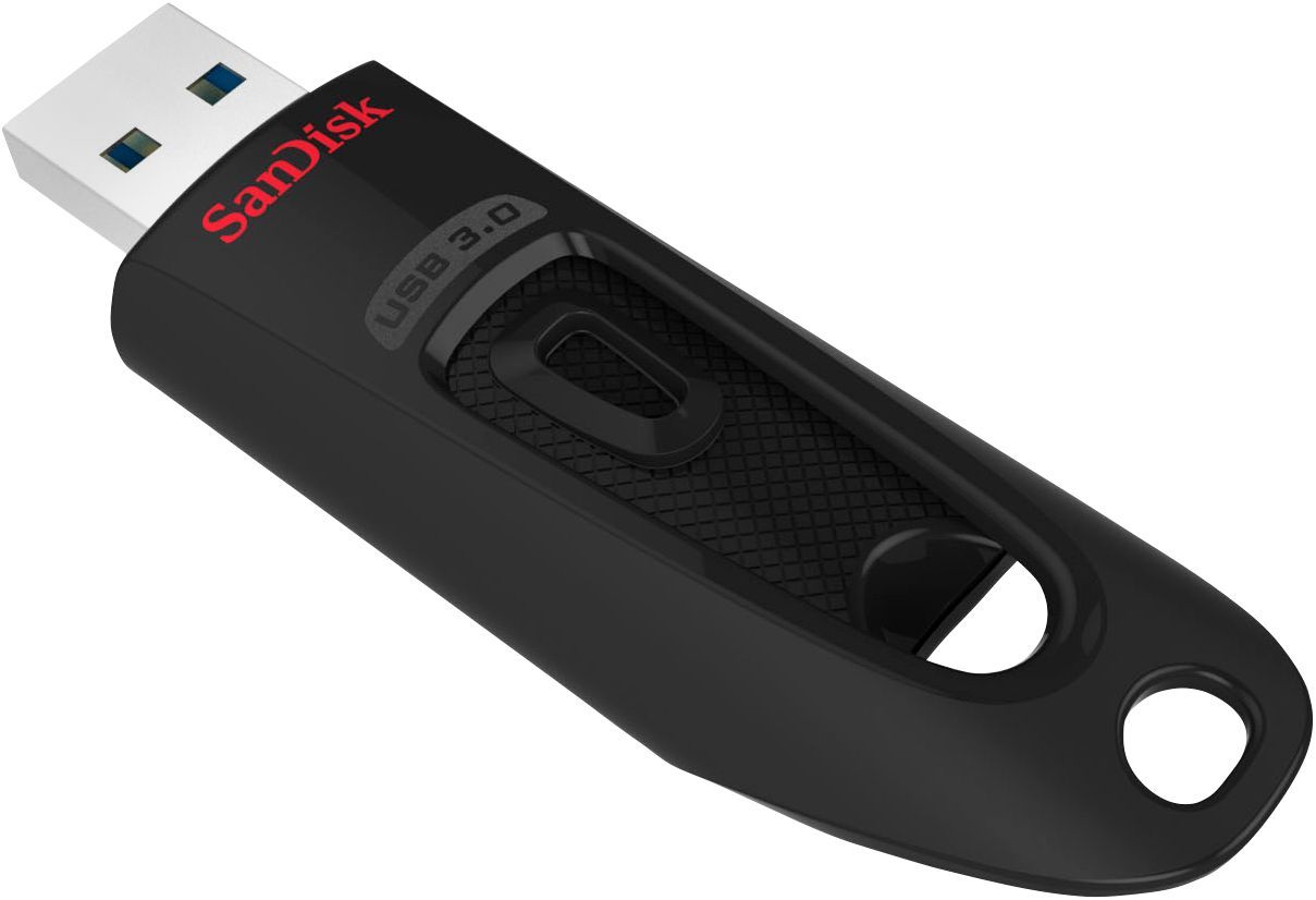 The SanDisk Ultra USB 3.0 Flash Drive seen at an angle with the USB port facing the other way