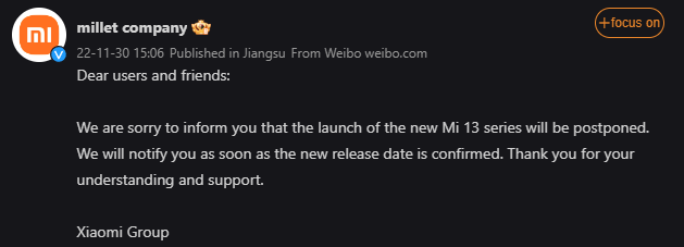 Screenshot of Weibo post about Xiaomi 13 series launch being postponed.