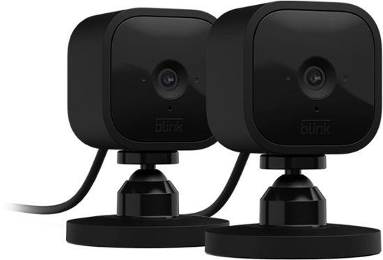 Two Blink mini indoor cameras on a white background.