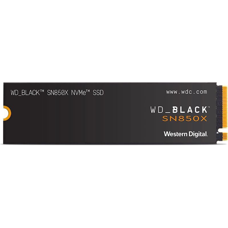 Uma renderização do SSD WD Black SN850X com a marca sobre um fundo branco.