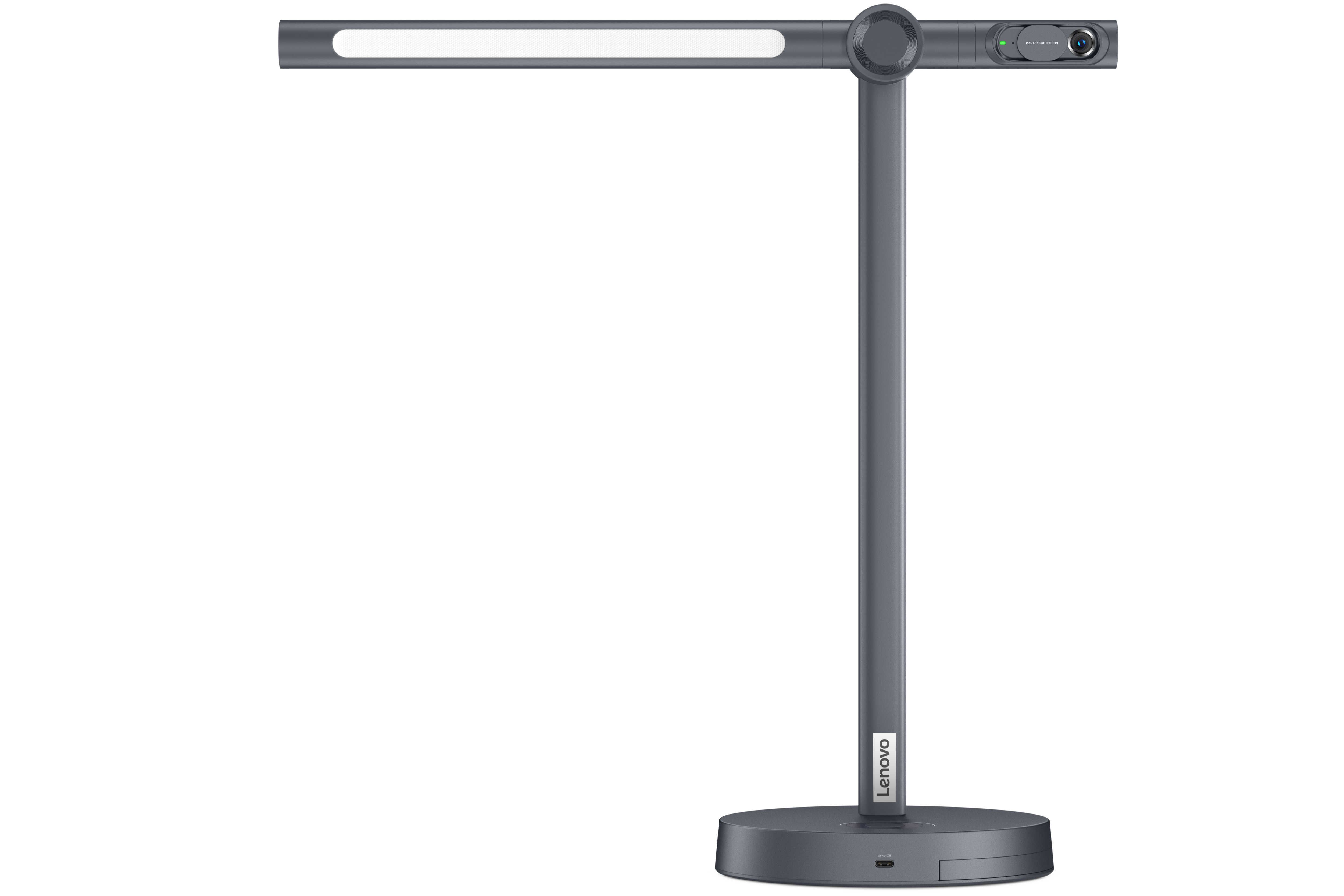 The Lenovo Go Desk Station with the webcam attached on the opposite side of the desk light.